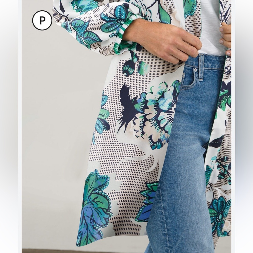 Chico’s Reversible Floral Printed Longline Kimono Ikat Duster Cardigan - Picture 2 of 15